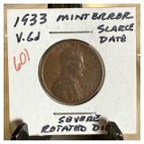 1933 WHEAT PENNY CENT SEVERE ROTATED DIES