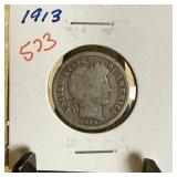 1913 BARBER SILVER DIME