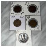 LOT OF 5 MIXED DATE INDIAN HEAD PENNIES CENTS
