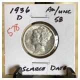 1936-D MERCURY SILVER DIME SCARCE DATE