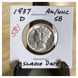 1937-D MERCURY SILVER DIME SCARCE DATE