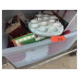 LARGE BIN OF CHRISTMAS ITEMS EGG DISH GIFT WRAP