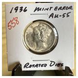 1936 MERCURY SILVER DIME ROTATED & BETTER GRADE