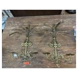PAIR VINTAGE BRASS GOLD DATE PALM WALL SCONCE CAND