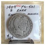 1909-S BARBER SILVER QUARTER INV MINT MARK RARE