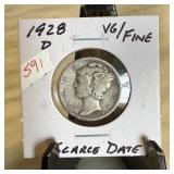 1928-D MERCURY SILVER DIME SCARCE DATE