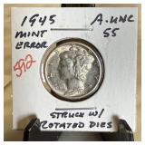 1945 MERCURY SILVER DIME STRUCK W ROT DIES