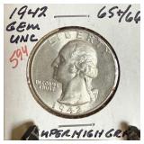 1942 WASHINGTON SILVER QUARTER VERY HIGH GRADE