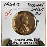 1963-D MEMORIAL PENNY CENT DOUBLE DIE DDO-005