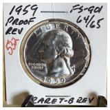 1959 WASHINGTON SILVER QUARTER PROOF T-B REV