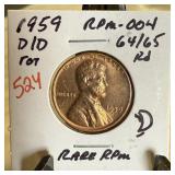 1959-D/D MEMORIAL PENNY CENT RPM-004 RARE