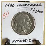 1936 BUFFALO NICKEL ROTATED DIE ERROR