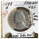 1939-S JEFFERSON NICKEL DOUBLE DIE DDO-001
