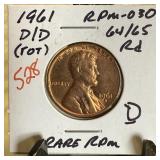 1961-D/D MEMORIAL PENNY CENT RPM-003 RARE RPM
