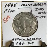 1935 BUFFALO NICKEL STRUCK W CLASHED DIES OBV
