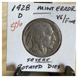 1928-D BUFFALO NICKEL SEVERE ROTATED DIES