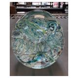 BLUE WHITE SWIRL GLASS PAPERWEIGHT