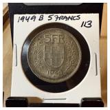 1949-B SILVER 5 FRANCS
