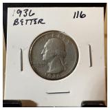1936 WASHINGTON SILVER QUARTER BETTER