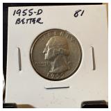 1955-D WASHINGTON SILVER QUARTER BETTER