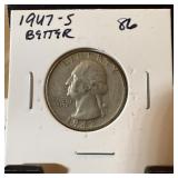 1947-S WASHINGTON SILVER QUARTER BETTER