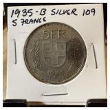 1935-B SILVER 5 FRANCS