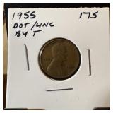 1955 WHEAT PENNY CENT DOT CUD BY T