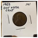 1955 WHEAT PENNY CENT DOT AFTER DIE CUD AFTER T
