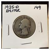 1935-D WASHINGTON SILVER QUARTER BETTER