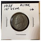 1938 BETTER JEFFERSON NICKEL 1ST YEAR