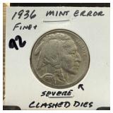 1936 BUFFALO NICKEL SEVERE CLASHED DIES