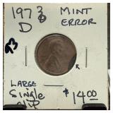 1973-D MEMORIAL PENNY CENT CLIPPED PLANCHET ERROR