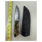 DAMASCUS STEEL FIXED BLADE KNIFE W SHEATH