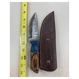 DAMASCUS STEEL FIXED BLADE KNIFE W SHEATH