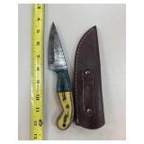 DAMASCUS STEEL FIXED BLADE KNIFE W SHEATH