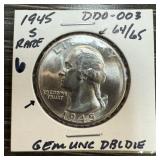 1945-S WASHINGTON SILVER QUARTER UNC DOUBLE DIE