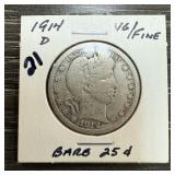 1914-D BARBER SILVER QUARTER