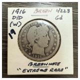 1916-D/D BARBER SILVER QUARTER BREEN VERY RARE