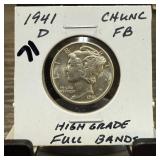 1941-D MERCURY SILVER DIME HIGH GRADE FULL BANDS