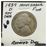 1939-D JEFFERSON NICKEL KEY DATE ROTATED DIES