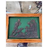 ANTIQUE IRON HUNTING SCENE MOUNTED TO WOOD