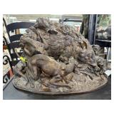 LARGE ANTQUE BRONZE HOUNDS TAKING BOAR SCULPTURE