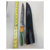 LARGE DAMASCUS STEEL FIXED BLADE KNIFE W SHEATH LARGE DAMASCUS STEEL FIXED BLADE KNIFE W SHEATH