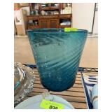LARGE MOUTH BLOWN OPTIC BLUE GLASS VASE LARGE MOUTH BLOWN OPTIC BLUE GLASS VASE