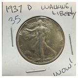 1937-D WALKING LIBERTY SILVER HALF DOLLAR
