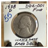 1938-D JEFFERSON NICKEL DDR-001 DOUBLED 1938-D JEFFERSON NICKEL DDR-001 DOUBLED