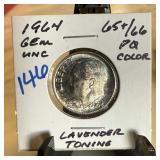 1964 ROOSEVELT SILVER DIME UNC LAVENDER TONING 1964 ROOSEVELT SILVER DIME UNC LAVENDER TONING
