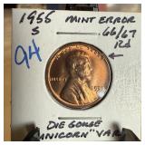 1955-S WHEAT PENNY CENT DIE GOUGE UNICORN VARIETY 1955-S WHEAT PENNY CENT DIE GOUGE UNICORN VARIETY