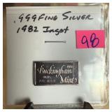 .999 FINE SILVER 1982 INGOT BUCKINGHAM MINT .999 FINE SILVER 1982 INGOT BUCKINGHAM MINT