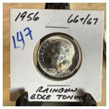 1956 ROOSEVELT SIILVER DIME RAINBOW EDGE TONING 1956 ROOSEVELT SIILVER DIME RAINBOW EDGE TONING